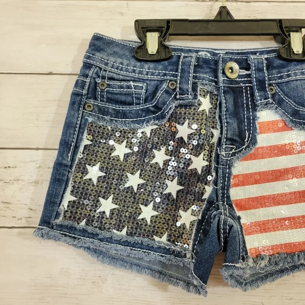 JUSTICE USA Flag‎ Sequin Cut Off Style Denim Shorts Size 10S Slim